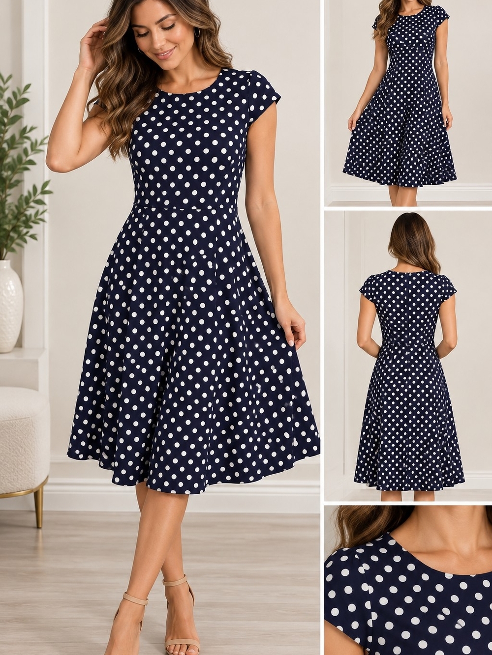 Navy Polka Dot Midi Dress with Cap Sleeves